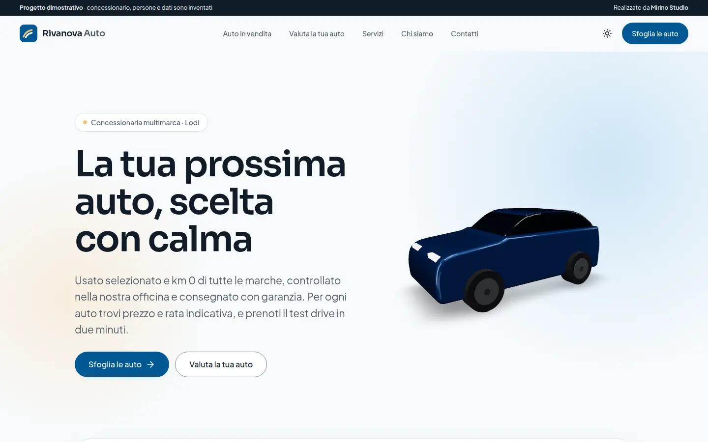Home del sito demo di Rivanova Auto su computer e smartphone: auto in evidenza e ricerca nel catalogo